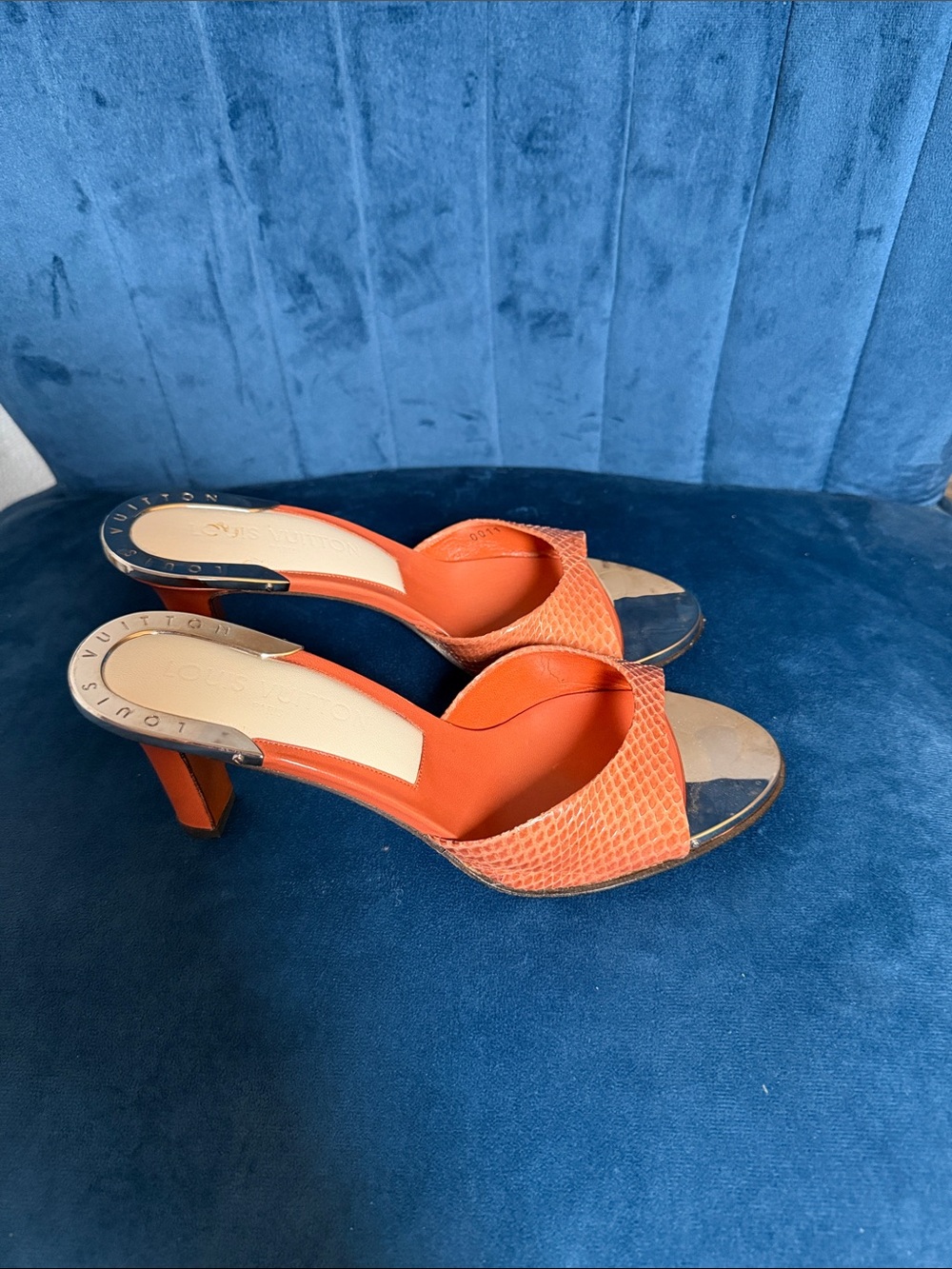Louis Vuitton Orange Leather & Snakeskin Open-Toe Mid Heel Slides